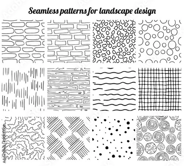 Fototapeta Big collection of seamless patterns for landscape design. Endless texture, contour, black and white.