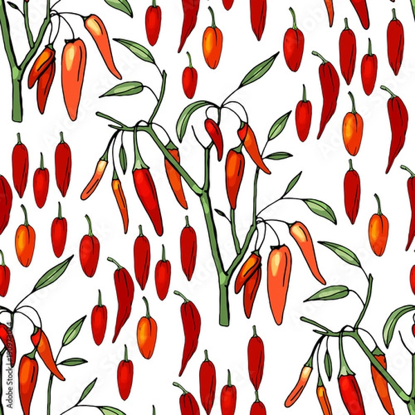 Fototapeta Seamless pattern with different sorts of pepper on white.