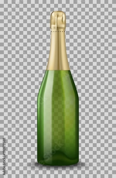 Fototapeta Vector Realistic green with gold closed Champagne bottle isolated on transparent background. Mockup template blank for product packing advertisement.