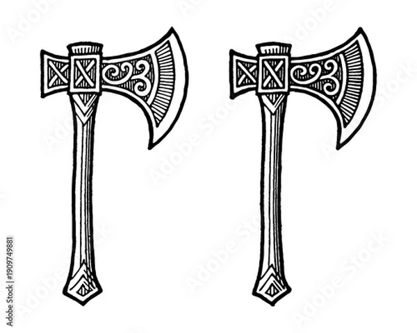Obraz Medieval war axe with engraving style vector illustration