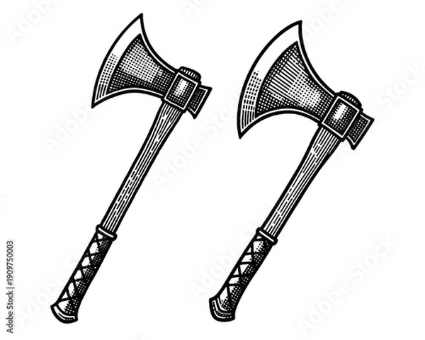 Obraz Medieval war axe with engraving style vector illustration