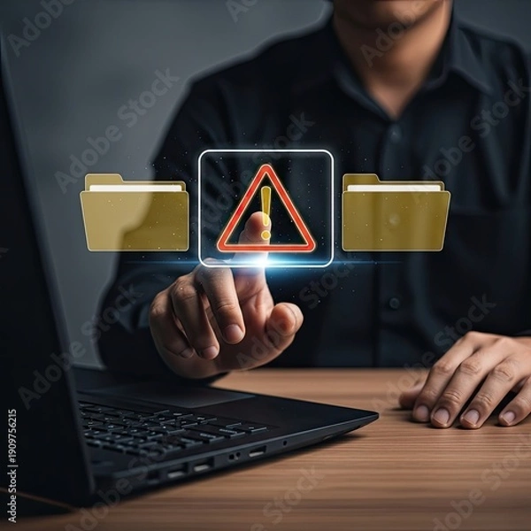 Obraz Man interacting with a warning symbol on a digital interface
