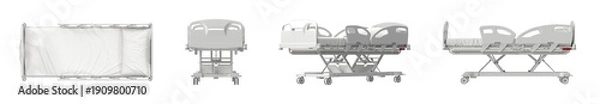 Obraz Modern hospital bed with adjustable features and wheels, shown from multiple angles