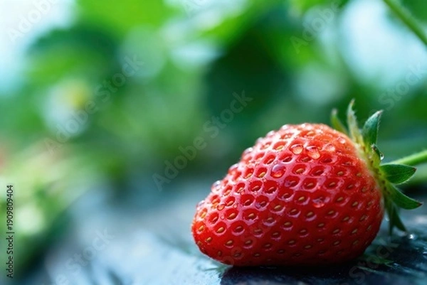 Obraz Fresh red strawberry with dew on a leafy background.