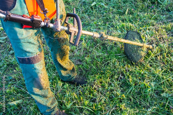 Obraz Worker Cutting Grass with Brush Cutter at Sunset