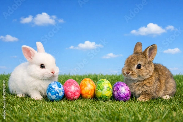 Obraz Bunte Ostereier mit Osterhäschen