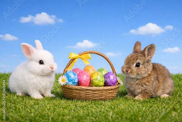 Obraz Bunte Ostereier mit Osterhäschen