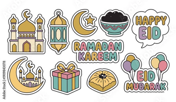 Obraz Ramadan and Eid sticker set: Cute mosque, lantern, and dates illustrations