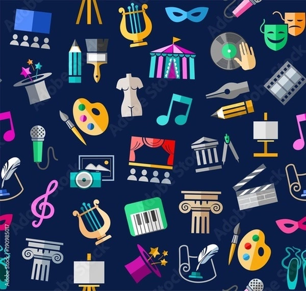 Fototapeta Culture and art, seamless background, color, blue, vector. Leisure and cultural centres. Cultural events and the attributes of art. Colored icons on a dark blue field. Vector picture.  