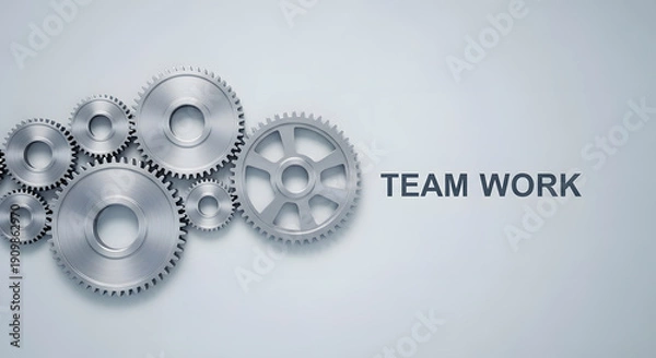 Obraz Team work text metal gear wheel machine part mechanical engine industry engineering technology system studio background