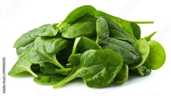 Obraz Fresh spinach leaves on white background. AI generated