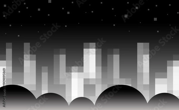 Obraz 黒、白、灰のモノクロの配色、グラデーション効果も付けた背景、モザイクでデザインした高層ビルのようなオブジェクト、夜空、星、山や木をイメージしたイラストの幻想的な風景、画像、装飾物、壁紙、グラフィックの素材