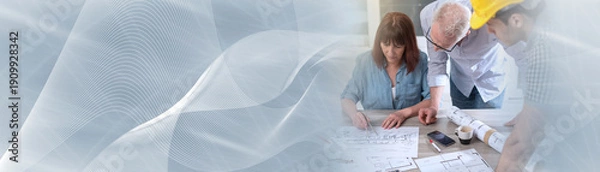 Obraz Architects working on plans, light effect; panoramic banner