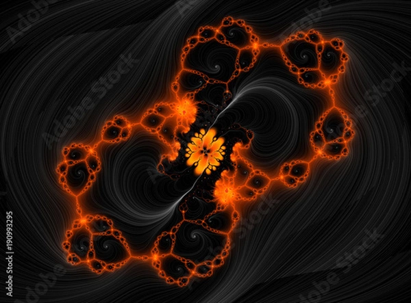 Fototapeta Orange sparkling fractal design on black background, abstract energy texture
