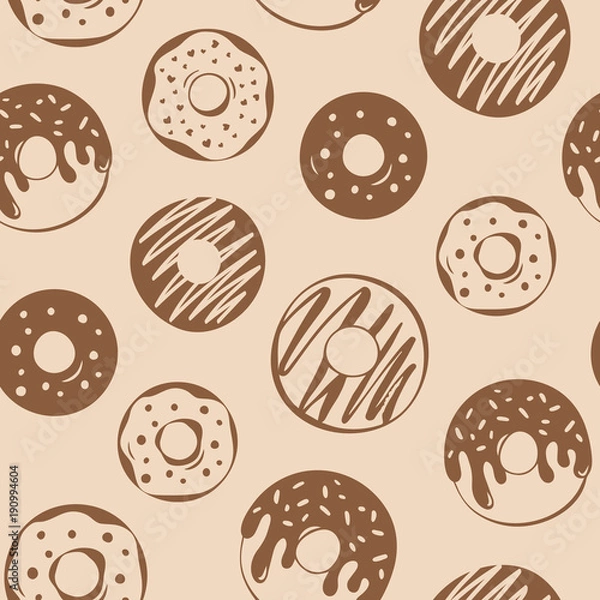 Obraz Seamless pattern of hand drawn donuts, croissant and muffin in modern flat style on kraft paper. Good for package design, paper bag.