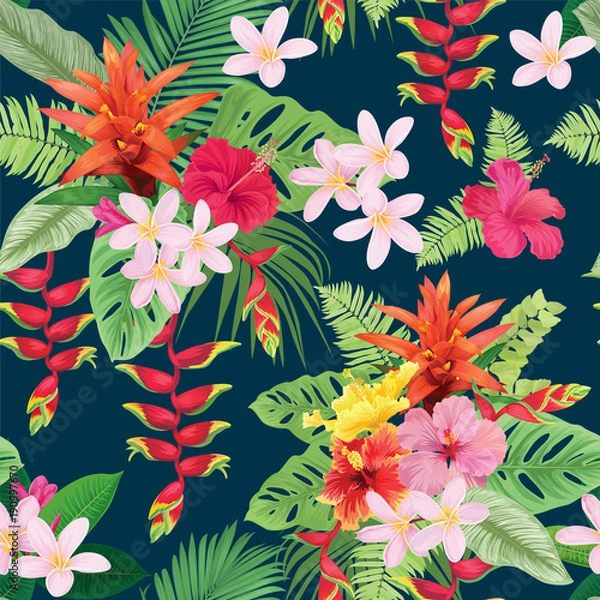 Fototapeta Beautiful seamless pattern with hibiscus flowers and guzmania on dark blue background. Vector set of blooming tropical floral for wedding invitations, greeting card and fashion design.