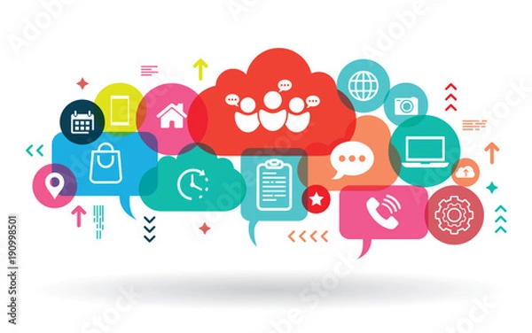 Fototapeta Business hand holding mobile phone with icons. Application abstract network