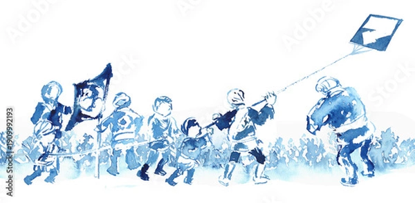 Fototapeta 浜松まつりで凧揚げをする人々のイラスト