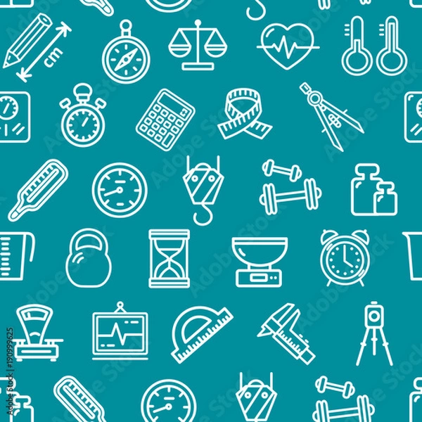 Fototapeta Measurement Signs Seamless Pattern Background on a Blue. Vector