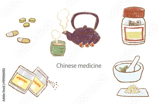 Obraz クレヨンで描いた、いろいろな形状の漢方、ベクターイラスト、煎じ薬、顆粒、カプセル、錠剤