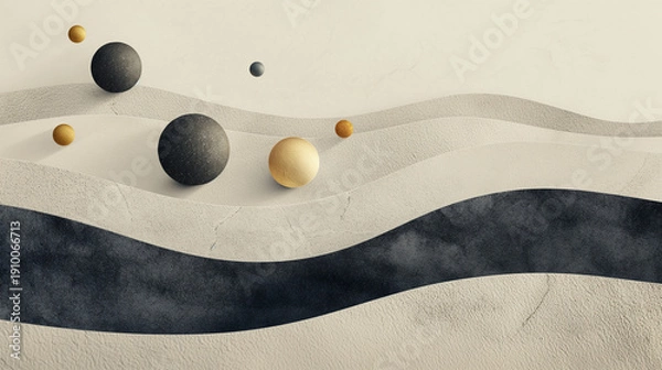 Obraz ゴールドとブラックの球体と波形ラインの抽象背景　高級感のあるモダンデザイン素材