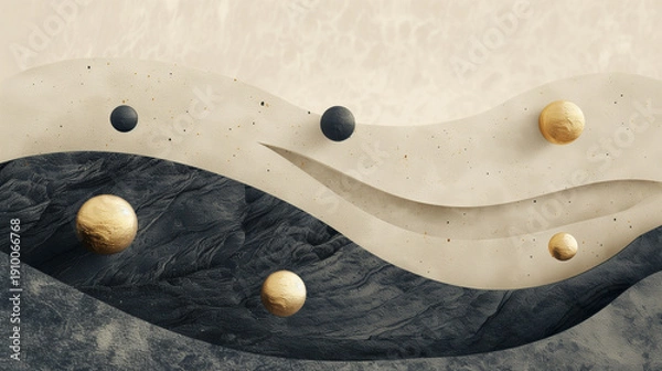 Obraz ゴールドとブラックの球体が漂うウェーブ抽象背景　高級感のあるモダンデザイン素材