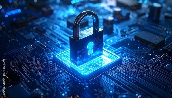 Obraz metal padlock securing a digital circuit board, 