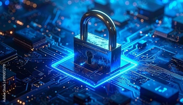 Obraz metal padlock securing a digital circuit board, 