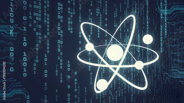 Obraz Glowing atom symbol representing nuclear energy or quantum physics on a digital data background