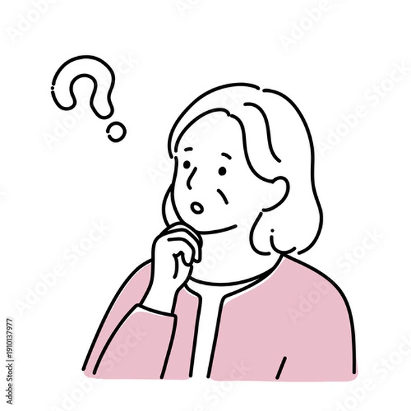 Obraz シンプル線画　顎に手をあてているシニアの女性　疑問・クエスチョンマーク