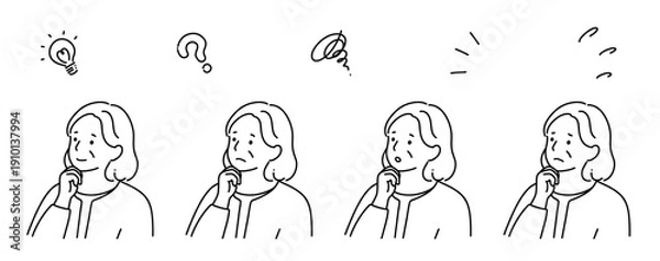 Obraz 顎に手をあてているいろいろな表情のシニアの女性 シンプル線画　モノクロ