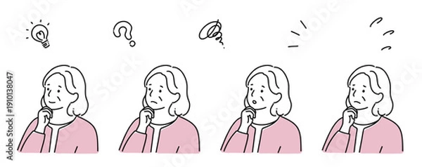 Obraz 顎に手をあてているいろいろな表情のシニアの女性