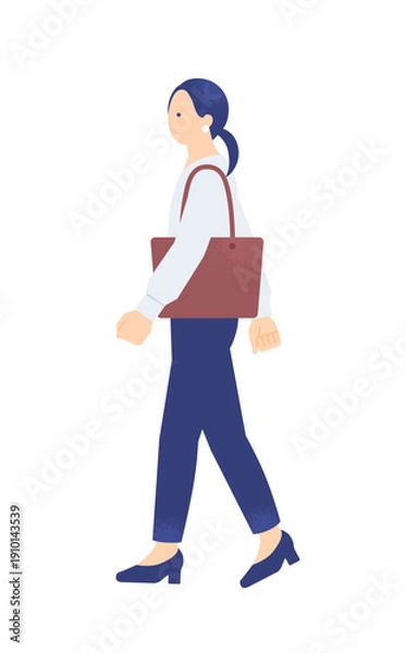 Obraz 鞄を持って歩く女性。オフィスカジュアルな装いで通勤するビジネスパーソン。出勤する人物の全身イラスト。