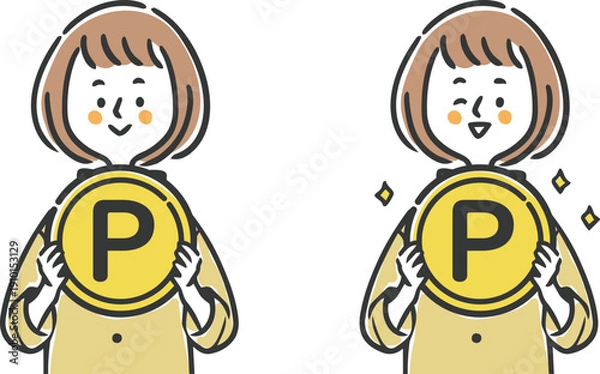 Obraz ポイントのコインを持つ女性　上半身　ベクター