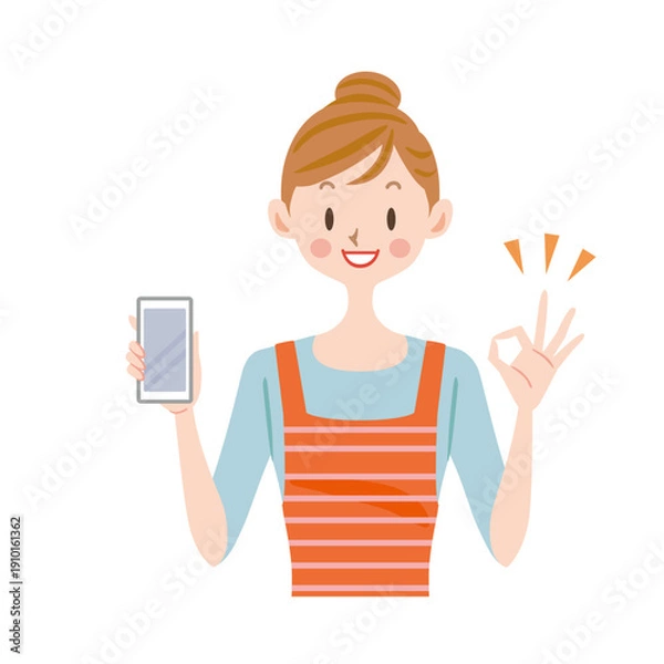 Obraz スマートフォンを持ってオッケーサインを出す主婦