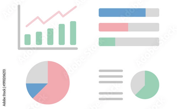 Obraz 棒グラフと円グラフを表示した業務データ分析画面のセットイラスト