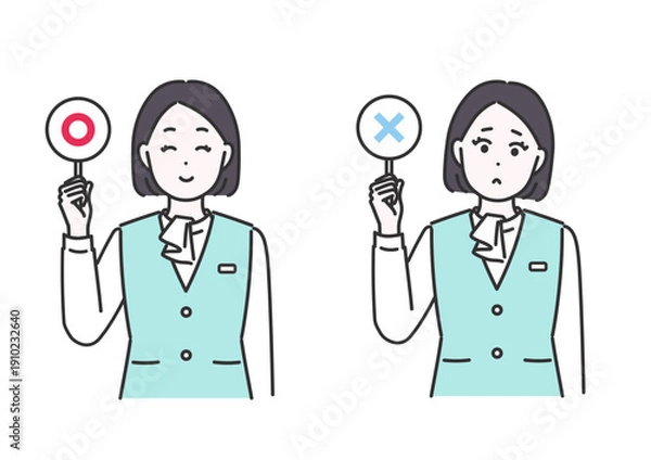 Obraz マルとバツのプラカードを持つ受付スタッフのイラストセット