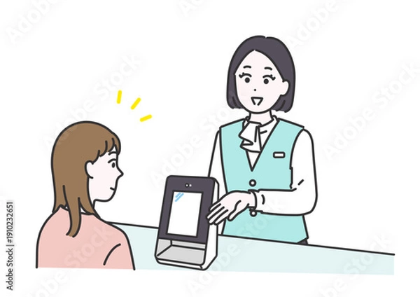 Obraz 受付でカードのスキャンをお願いするビジネス女性のイメージイラスト