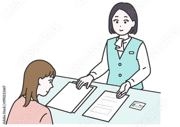 Obraz 資料が置かれた机の前で、カードを使って患者に説明をするキャリア女性のイラスト