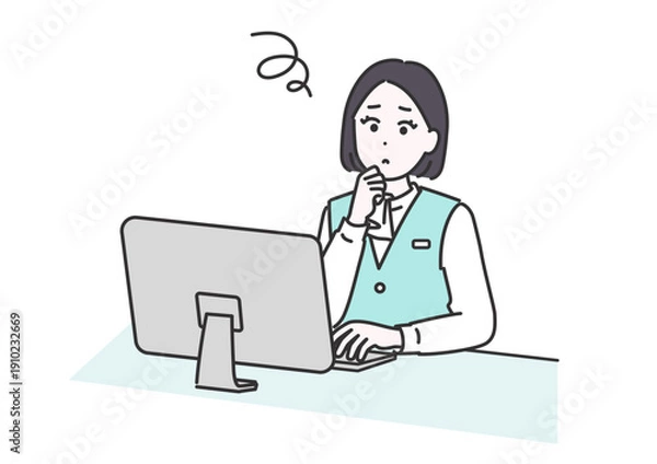 Obraz 仕事中、パソコン画面を見つめて思案する女性社員のイラスト