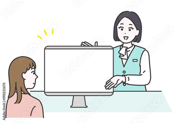 Obraz 相手に向かい合いながらパソコンモニターを指差して説明するビジネス女性のイメージイラスト