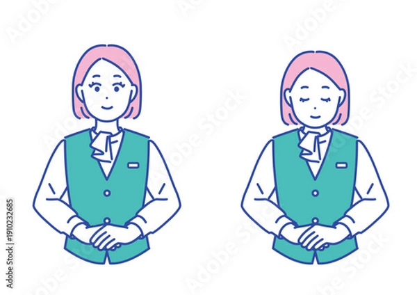 Obraz 窓口受付案内　お辞儀をするビジネス女性のイラストセット