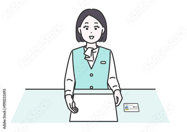 Obraz 机の上の資料を指差し、カードと一緒に説明するビジネス女性のイメージイラスト