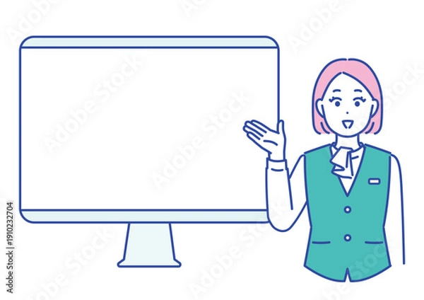 Obraz パソコンモニターを手のひらで差して案内するビジネス女性のイメージイラスト