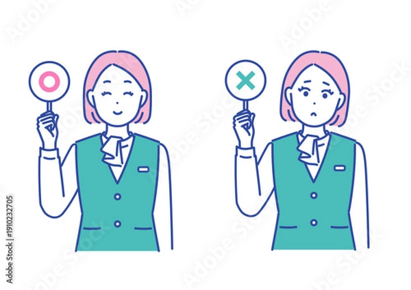 Obraz 正解と不正解の札を持つビジネス女性のイラストセット