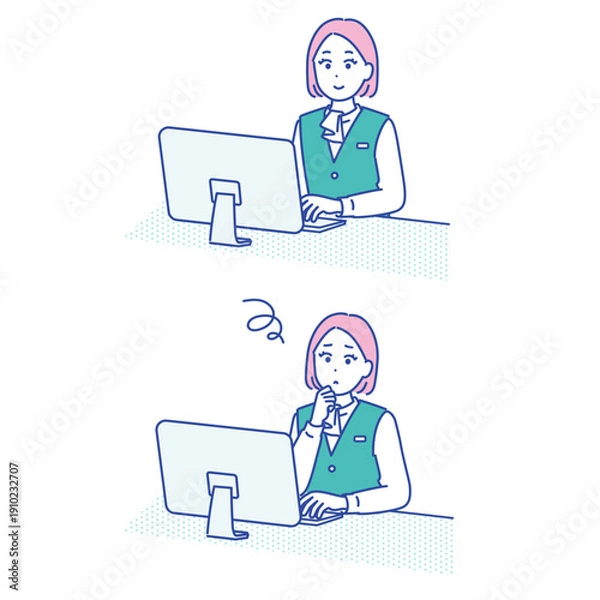 Obraz パソコン作業中に入力内容を確認して考える女性のイラストセット