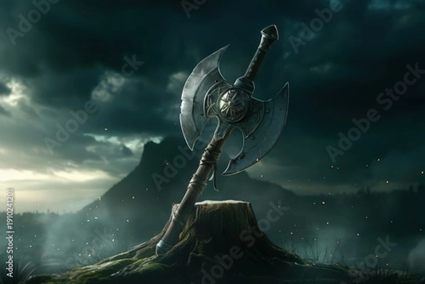 Obraz 戦斧が切り株に立つ