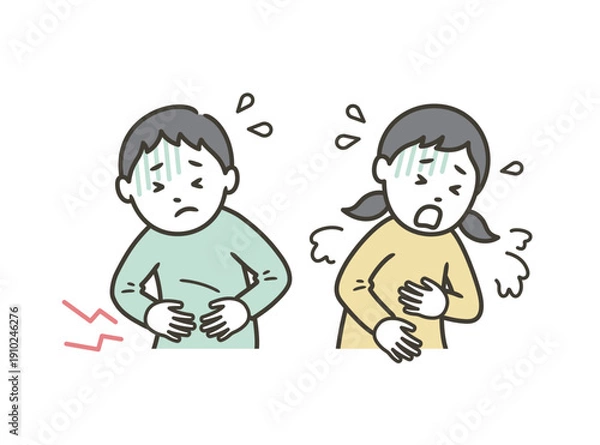 Obraz ノロウィルスや食中毒などで腹痛が起こる男の子と嘔吐する女の子
