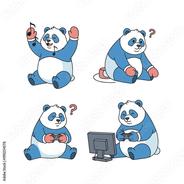 Obraz Cartoon panda using technology with various expressions on white background