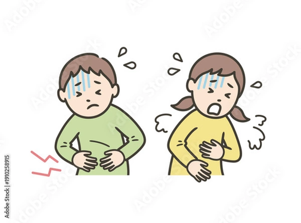 Obraz ノロウィルスや食中毒などで腹痛が起こる男の子と嘔吐する女の子
